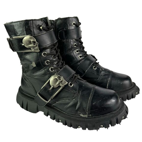 Tuk Anarchic Vintage Y2K Skull Chunky Platform Combat Boots Cybergoth Goth Sz 10 - Picture 2 of 12